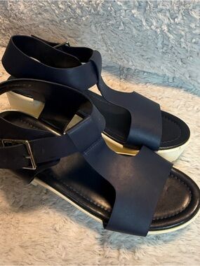 Navy Platform Ankle-Strap Sandals